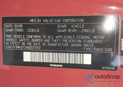 2008 Volvo C30 T5 R-Design/T5 Version 1.0/T5 Version 2.0 from USA, damaged, VIN YV1MK672482071797